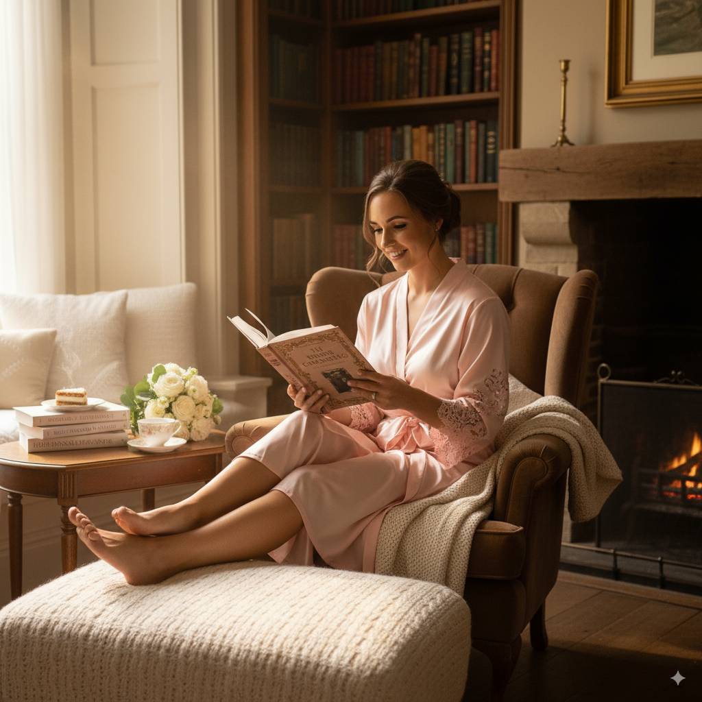 novia leyendo libro en el sofa de su casa