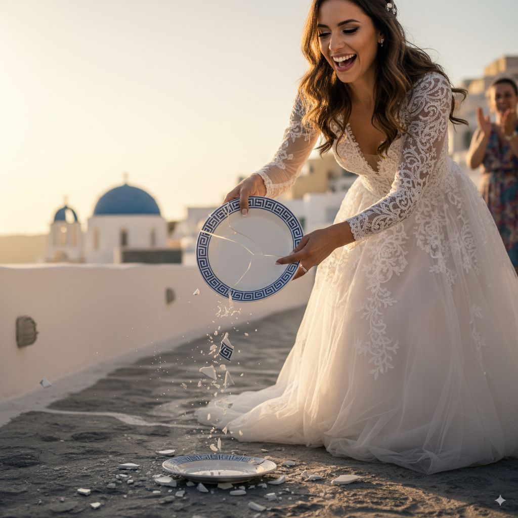 novia en grecia rompiendo plato en su boda
