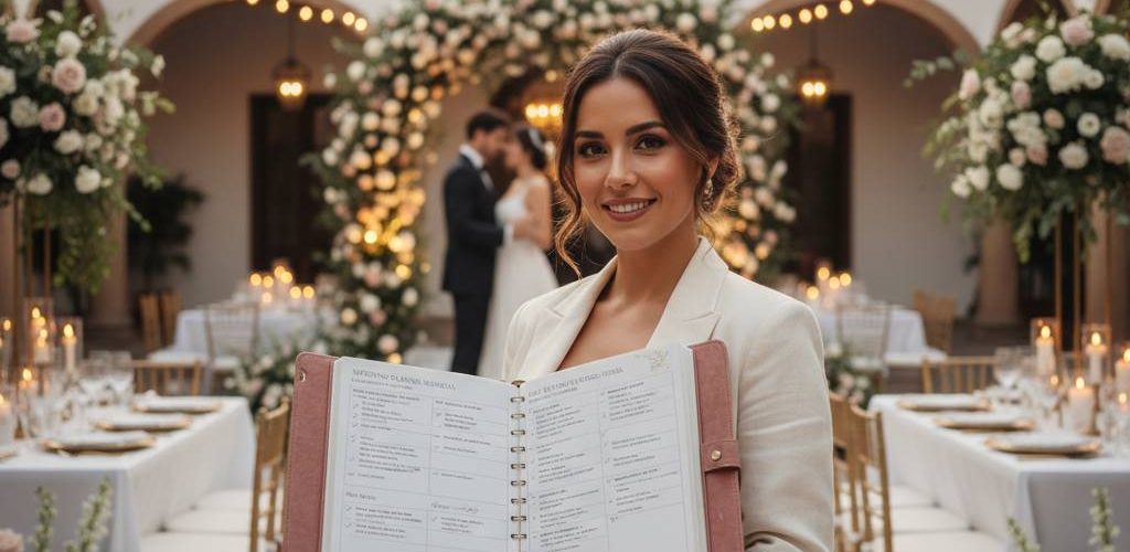 wedding planner sosteniendo la lista de cosas a tener en cuenta para una boda