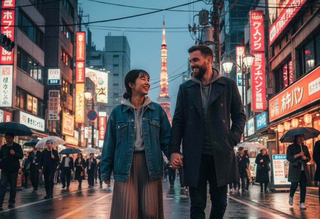 pareja recién casada caminando por Tokyo
